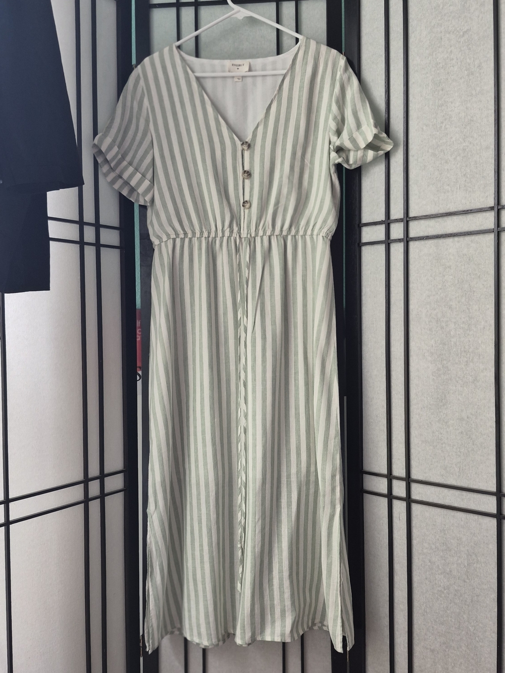 Everly Sage and White Striped Button-Front Midi Dress